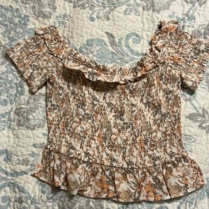 Forever 21 floral ruffle crop top peach, tan and white